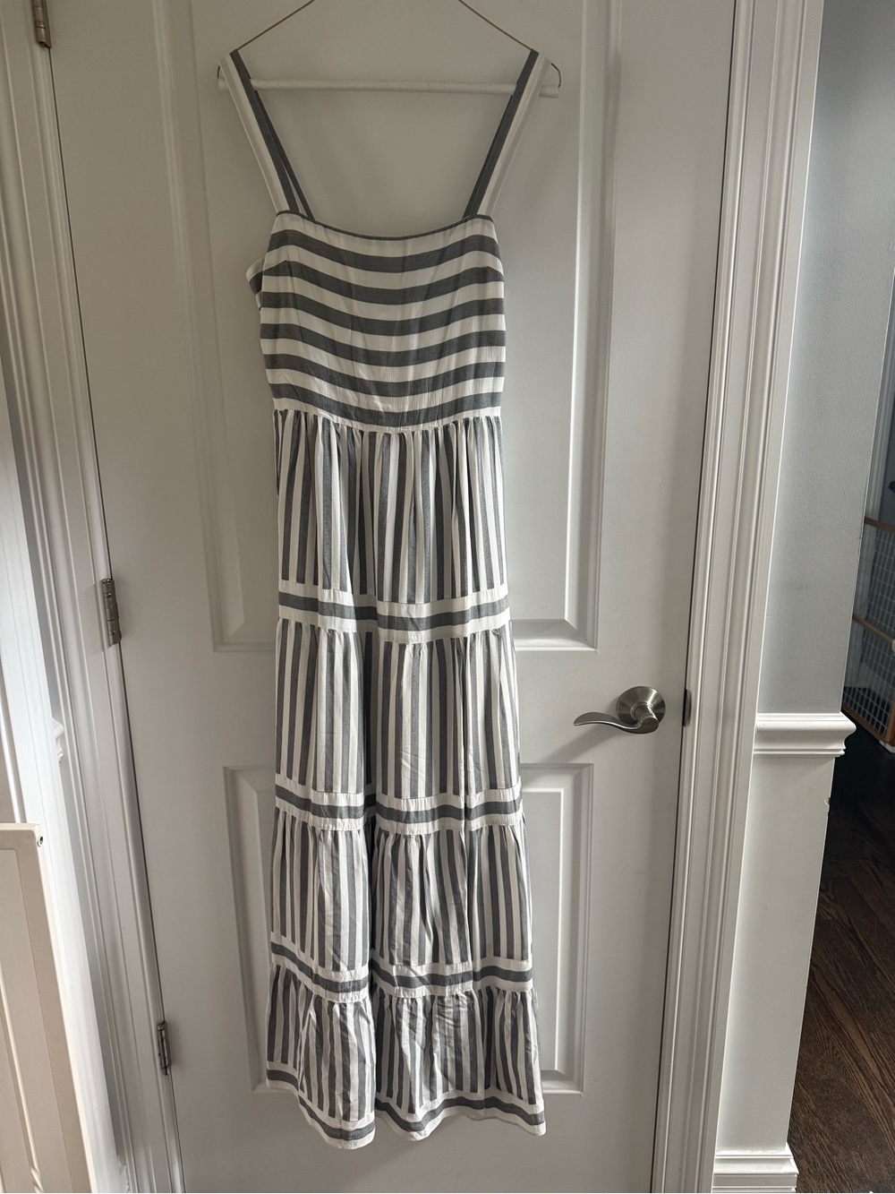 Evereve / O.P.T. Striped Spaghetti‑Strap Tiered Maxi Dress in Gray & White (NWT)